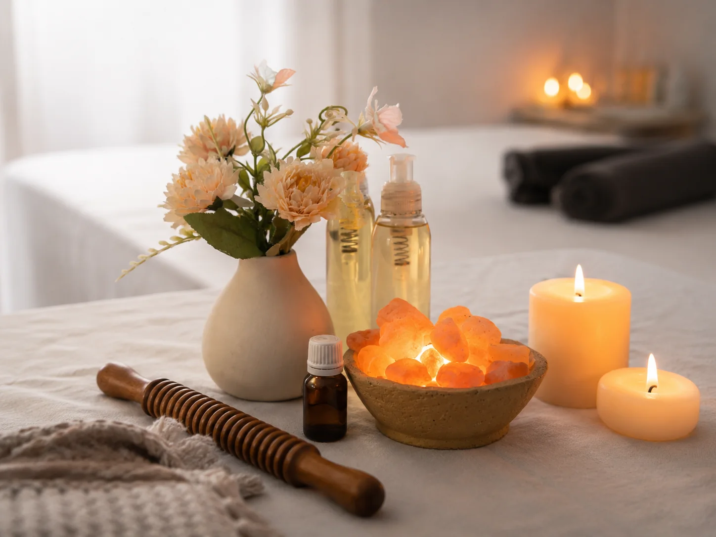 Ritual preparado con flores, aceites y luz cálida en Boho